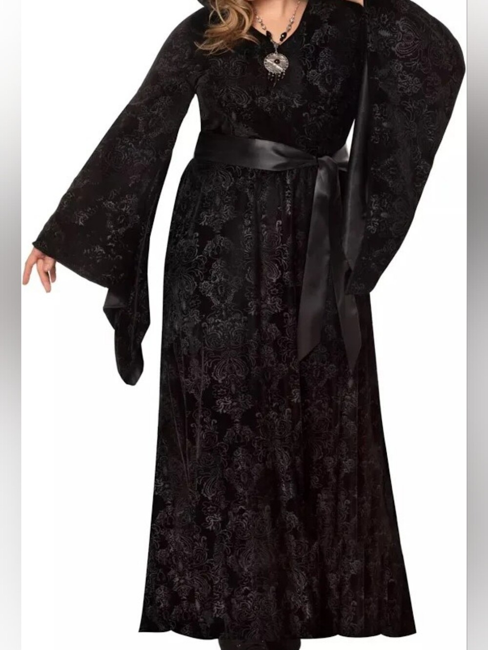 Spirit Halloween Hooded Black Damask Velvet Bell Sleeve Maxi Dress Costume L/XL